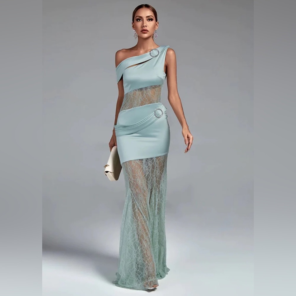 Elegant Asymmetric Buckled Lace Satin Maxi Dress Sexy Off The Shoulder